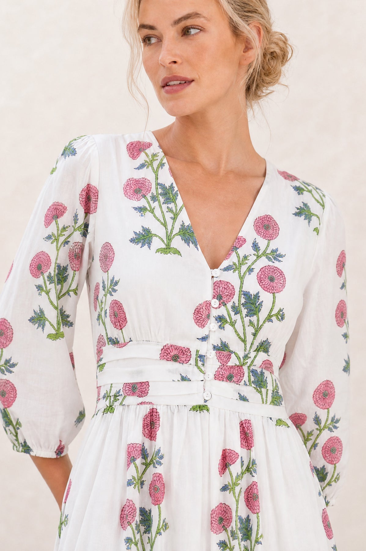 Jyoti Organic Cotton Dress - White/Pink/Green