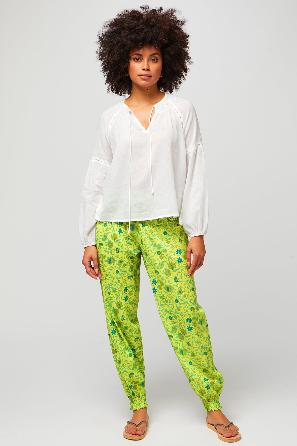 Lime green floral harem trousers.