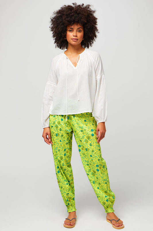Lime green floral harem trousers.