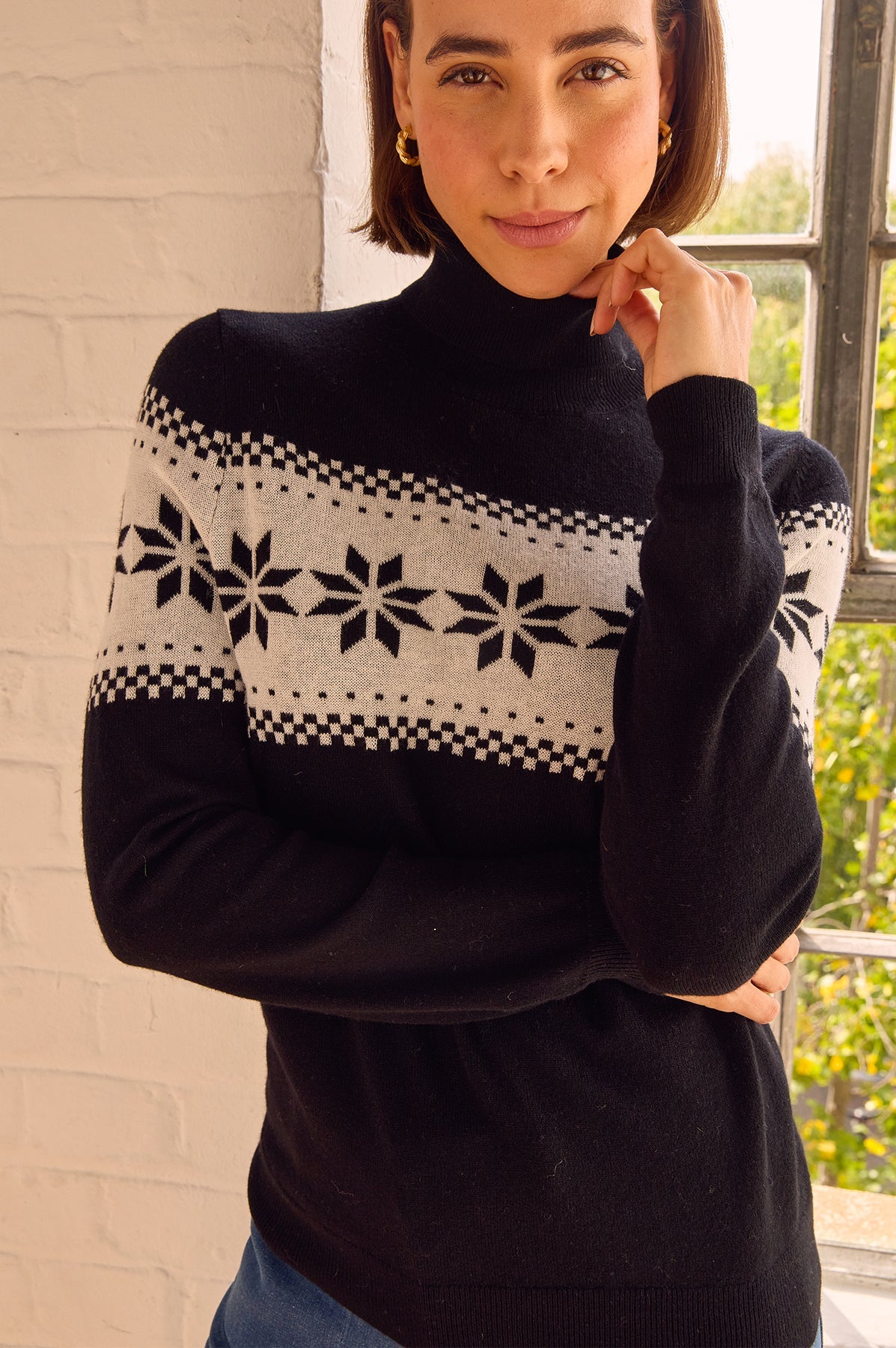 Merino Wool Snowflake Fairisle Polo Neck Jumper - Black/Cream