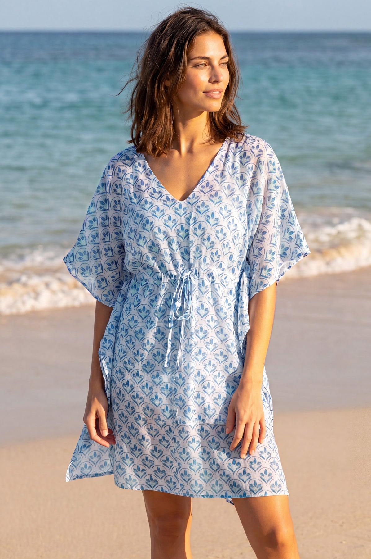 Manilla Organic Cotton Kaftan - White/Blue/Turquoise