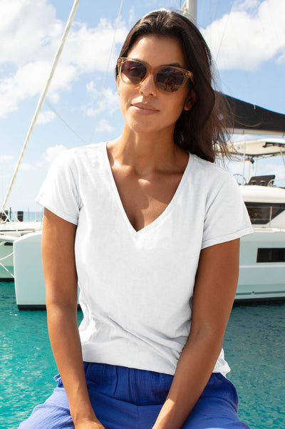 White cotton v-neck T-shirt.