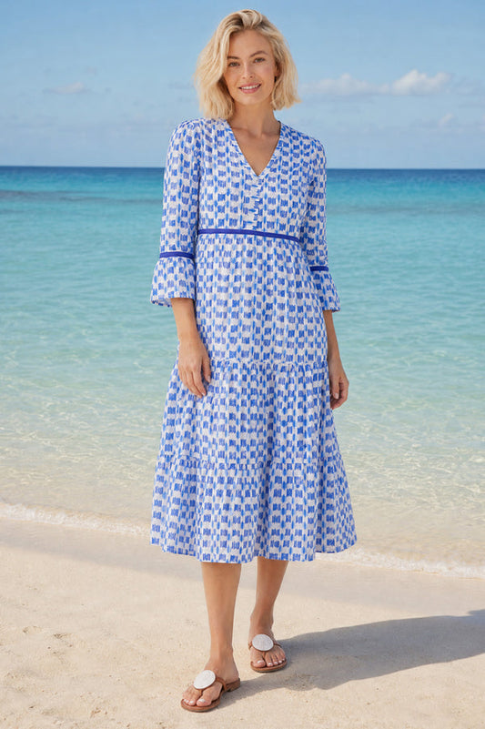 Blue and white ikat print organic cotton midi dress.
