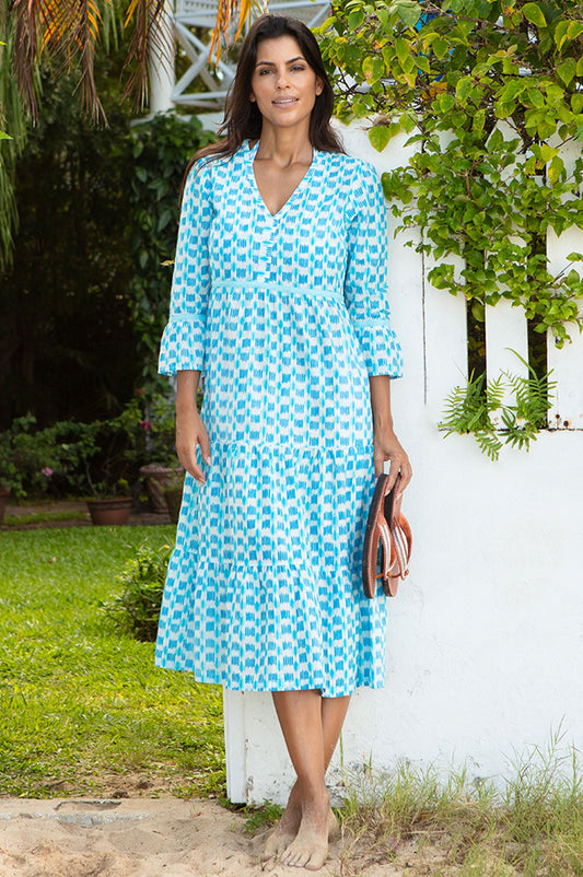 Turquoise and white ikat print cotton summer midi dress.
