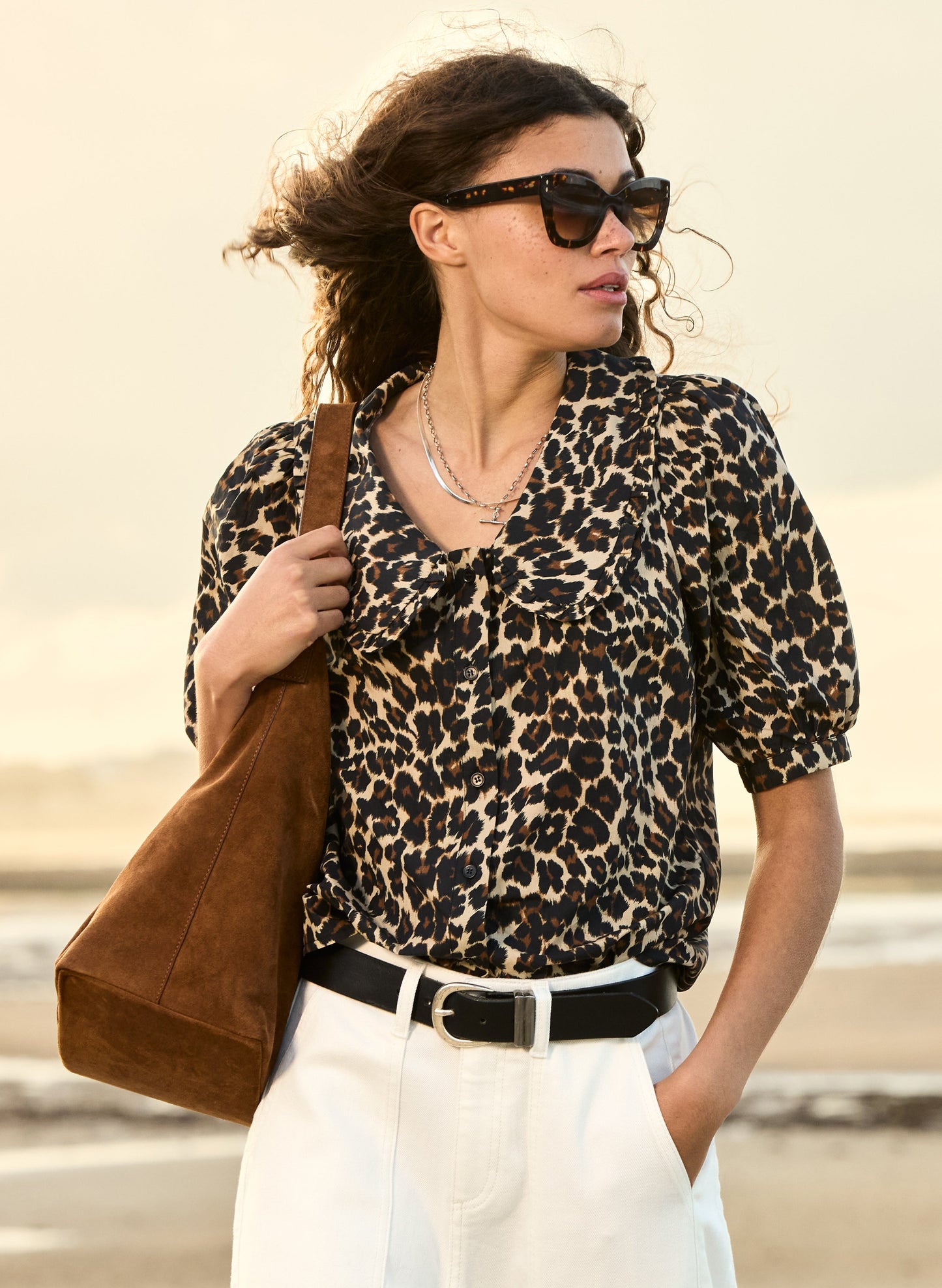 Courtney Organic Cotton Collar Blouse Brown Leopard