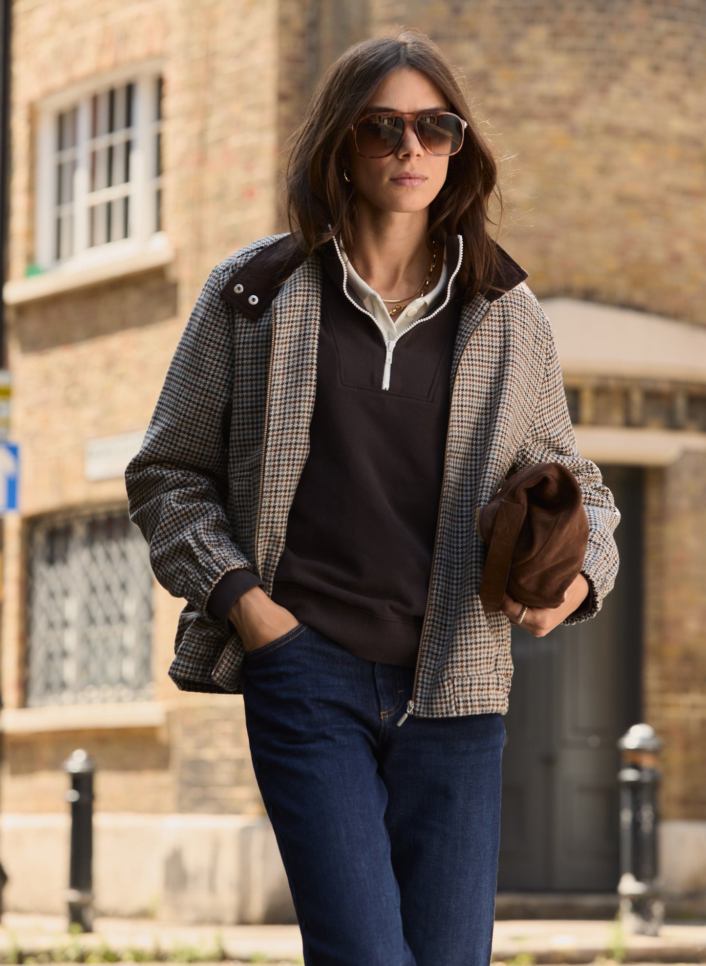 Sibel Wool Blend Tailored Bomber / Neutral Puppytooth Check