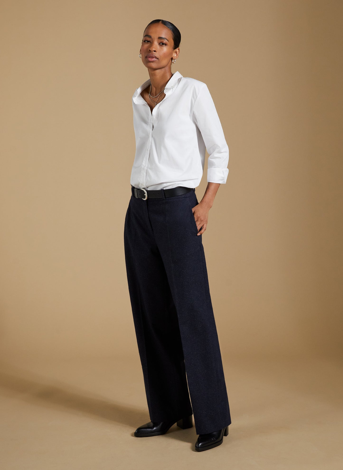 Gwynnie Wool Blend Wide Leg Trousers / Navy