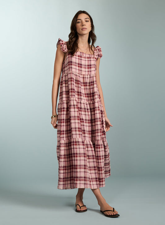 Katie Linen Dress Burgundy Check