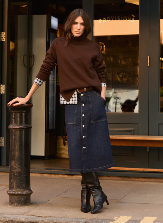 Bobbie Organic Cotton Stretch Denim Midi Skirt / Dark Indigo