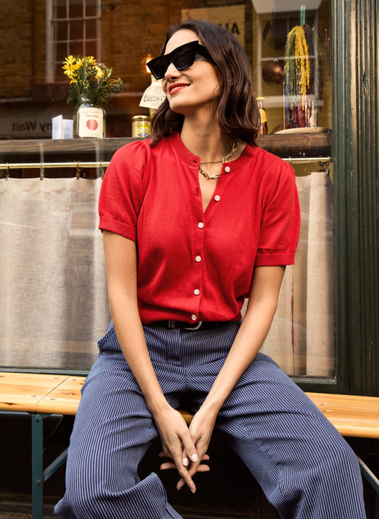 Sasha Organic Cotton Short Sleeve Cardigan Crimson Red