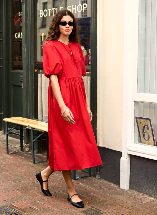 Rose Organic Cotton Tie Midi Dress Crimson Red