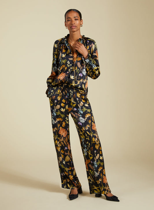 Mandy Printed Satin Trousers Black Botanical