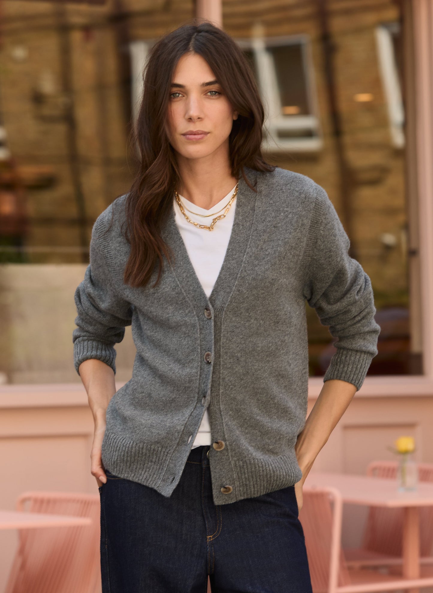 Grey wool blend knitted V-neck cardigan with buttons by Baukjen.