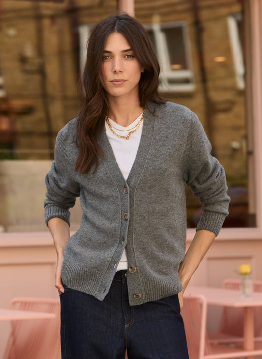 Grey wool blend knitted V-neck cardigan with buttons by Baukjen.