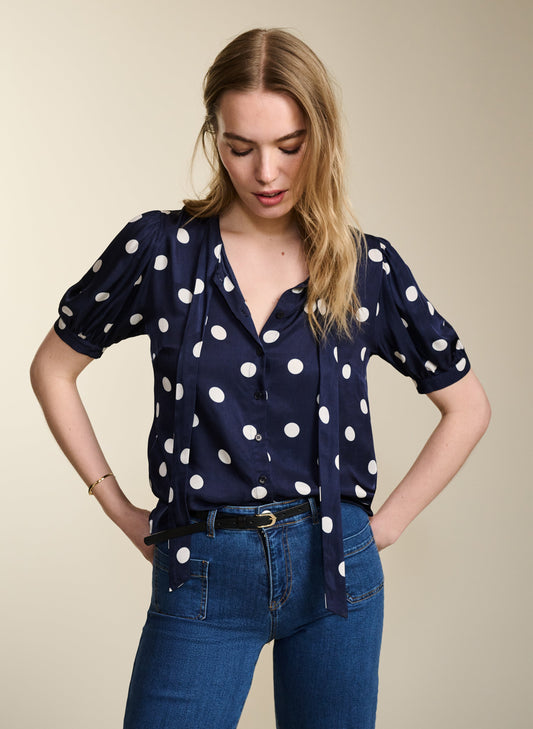 Violette Satin Blouse Navy Big Polka