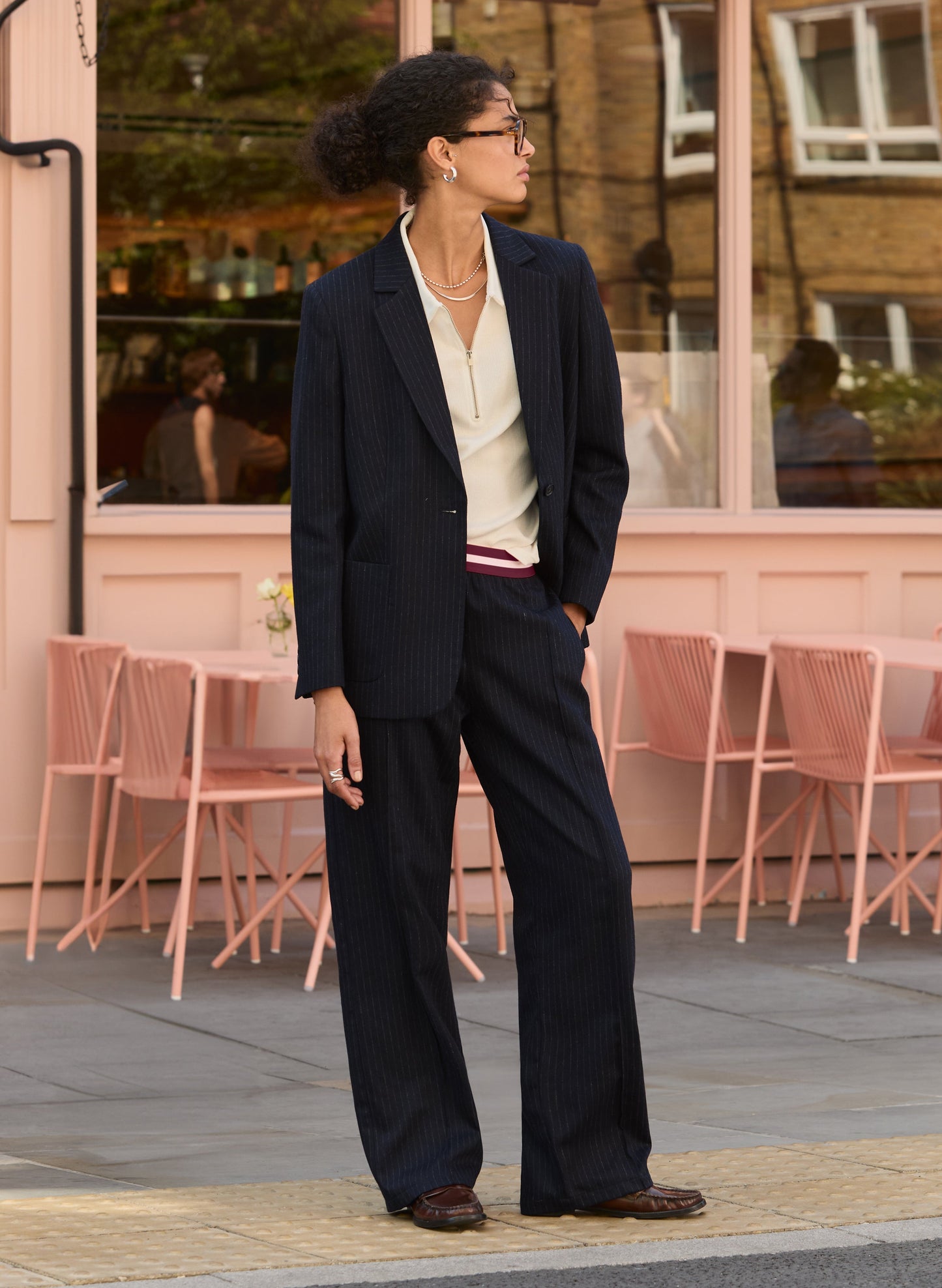 Remy Wool Blend Wide Leg Trousers / Navy Pinstripe