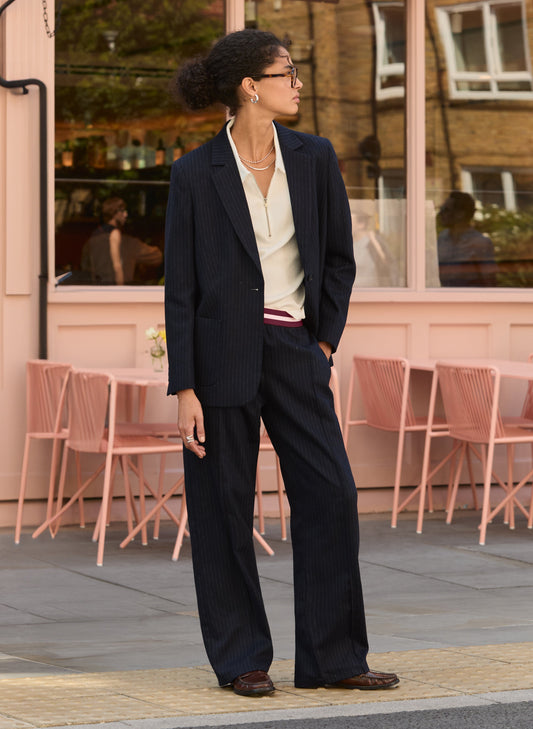Remy Wool Blend Wide Leg Trousers / Navy Pinstripe