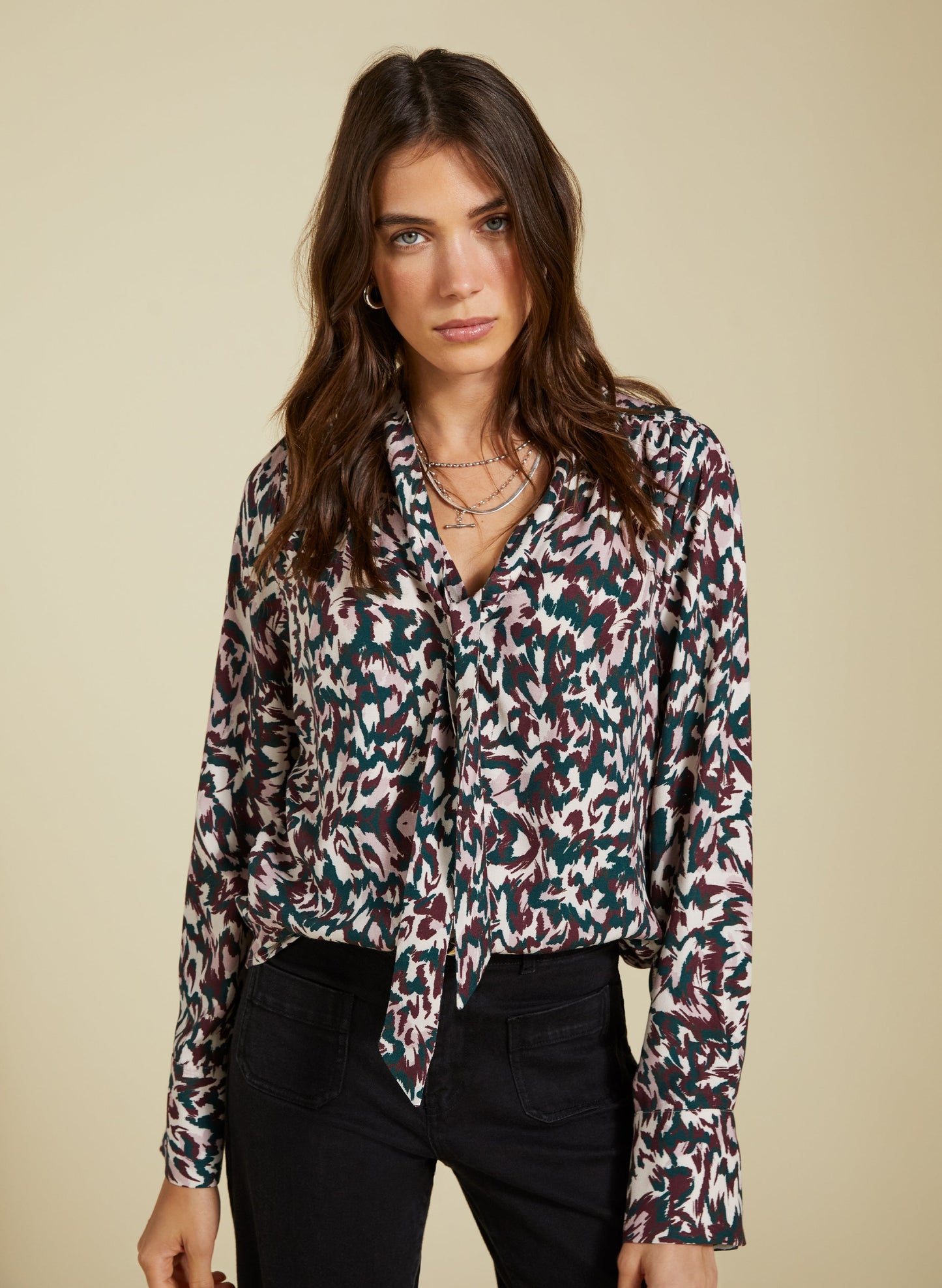 Effie Printed Tie Neck Blouse Beige Animal