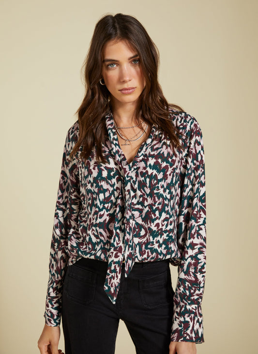 Effie Printed Tie Neck Blouse Beige Animal