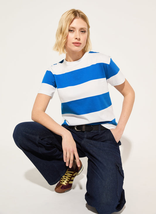 Beryl Regenerative Cotton Tee Pure White & Azure Blue Stripe