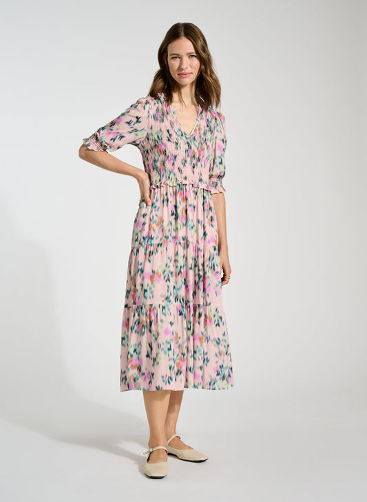 Florence Smocked Cuff Midi Dress Pink Floral Blur