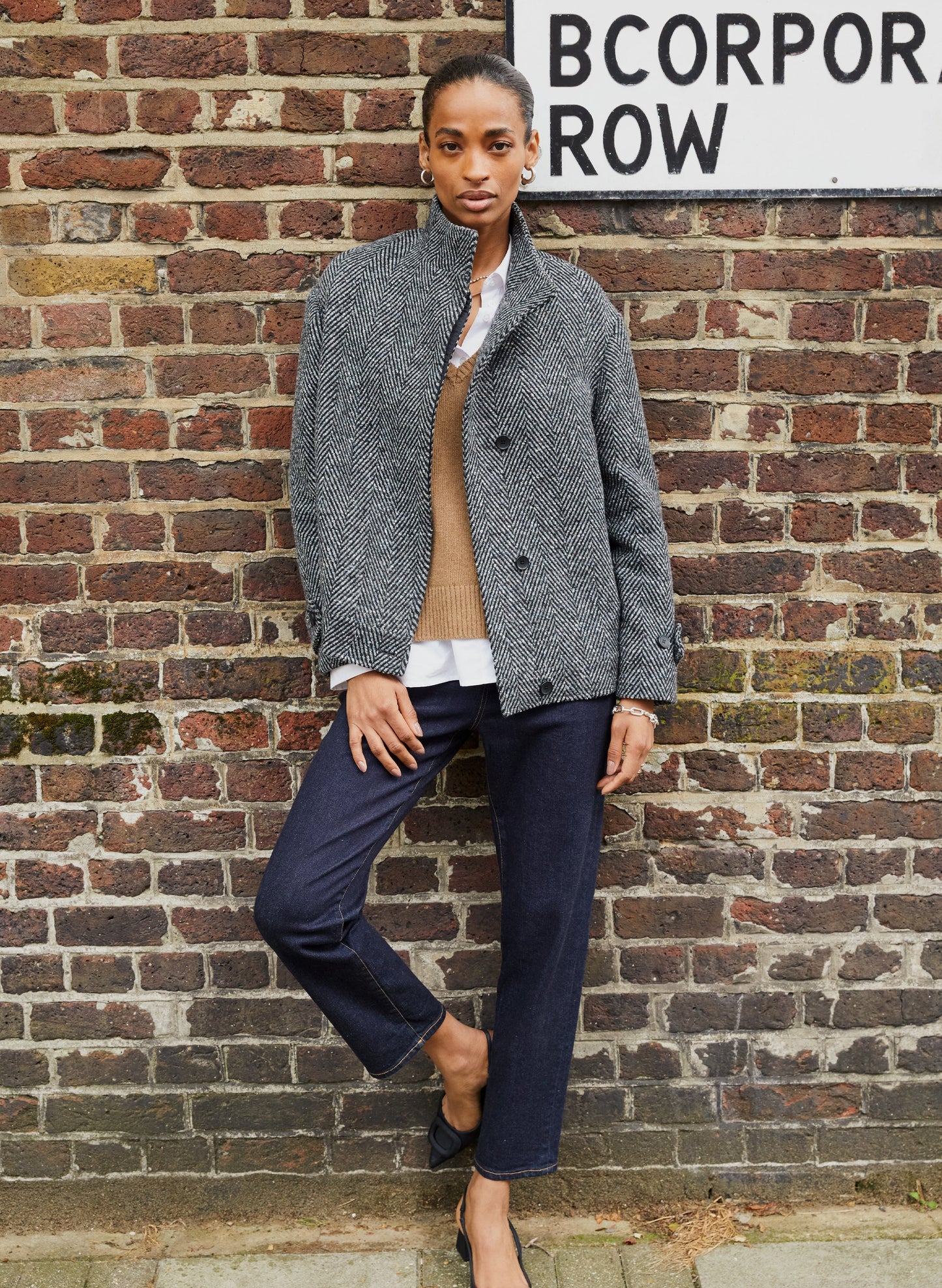 Janine Wool Blend Short Coat / Black & Grey Herringbone