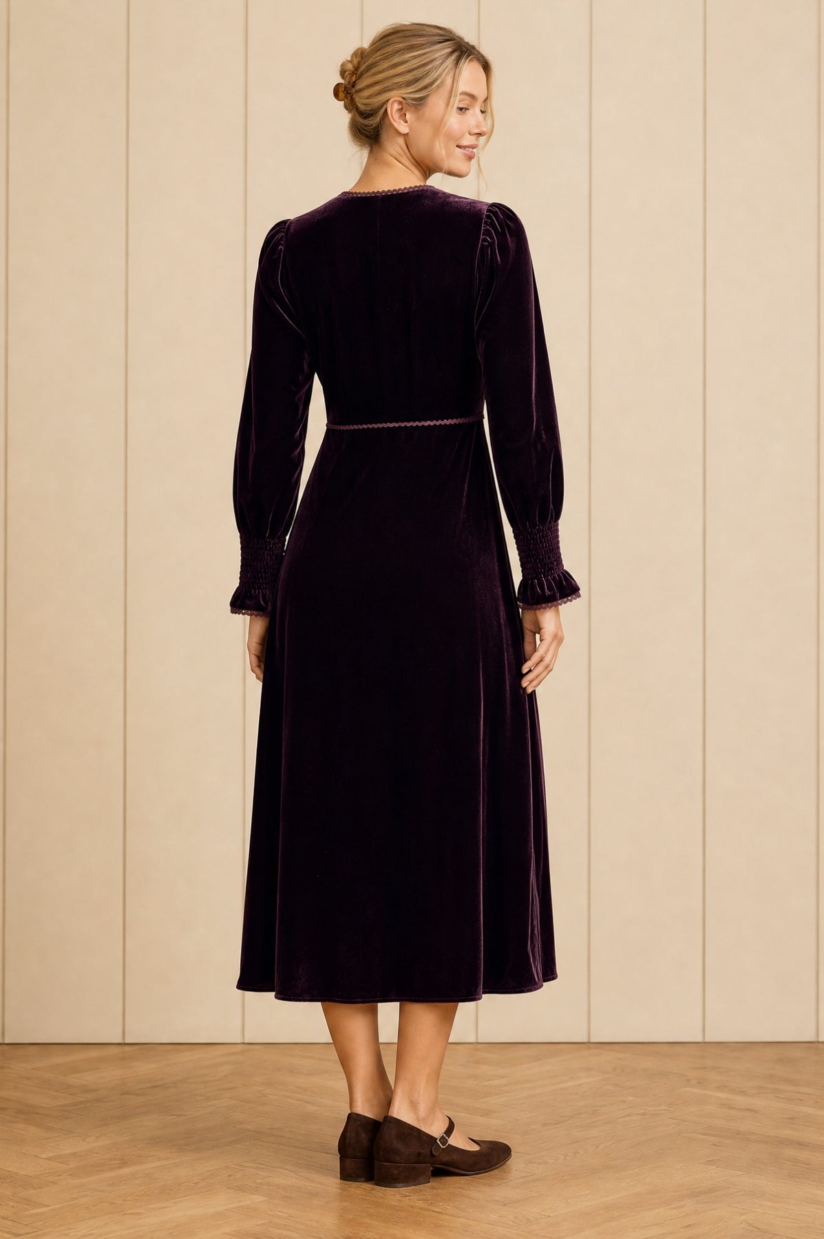 Long Sleeve Velvet Sally Anne Dress - Aubergine Purple