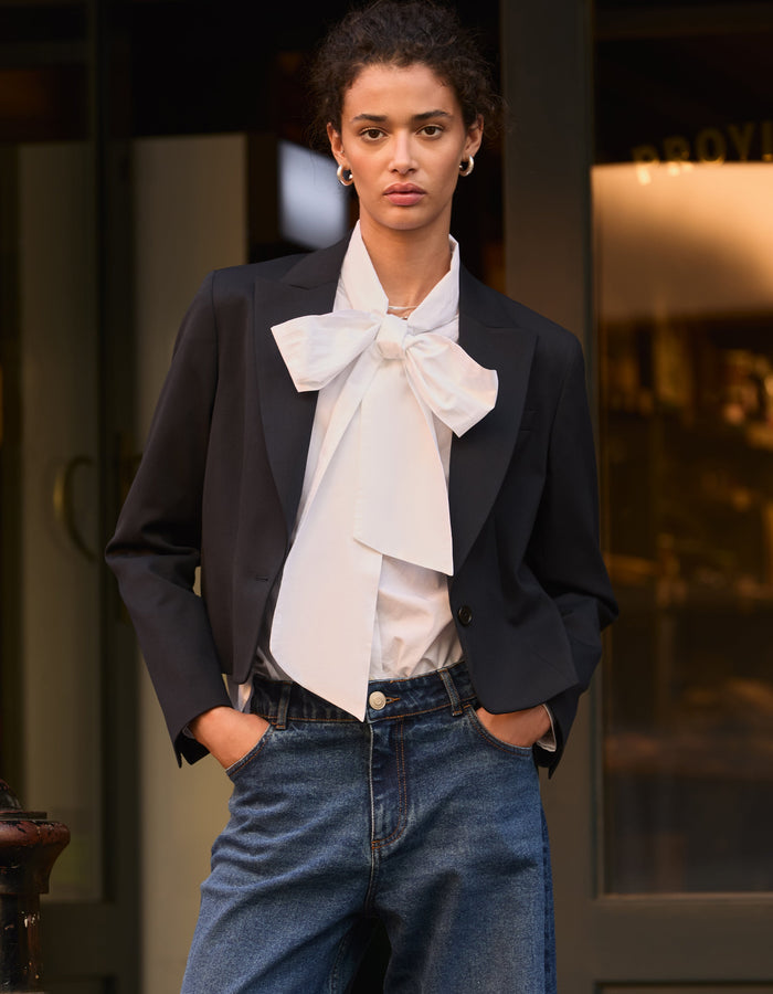 Araya Organic Cotton Bow Neck Blouse / Pure White