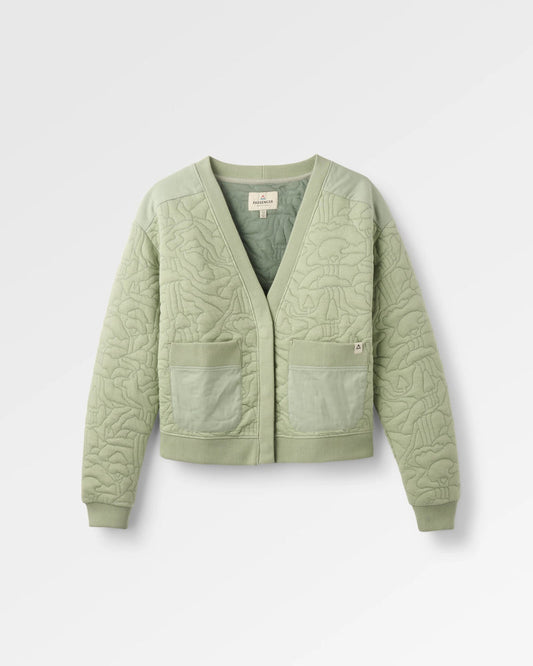 A light sage green quilted cardigan with a V-neck, front pockets, and ribbed cuffs and hem, shown on a light grey background.