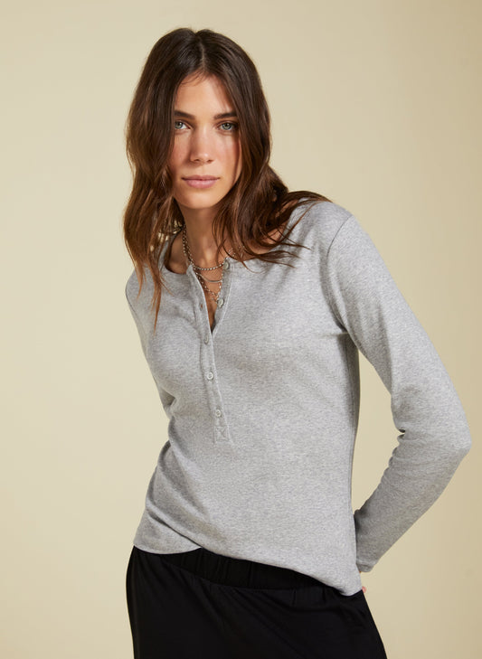 Chessie Luxe Henley Top Grey Marl