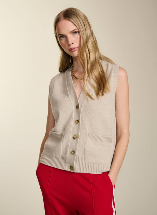 Oatmeal coloured knitted tank top with buttons by Baukjen.
