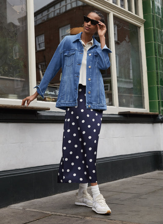 Doris Satin Skirt Navy Big Polka