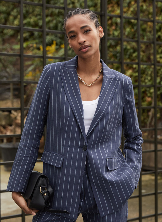 Thea Linen Blazer / Indigo & White Stripe