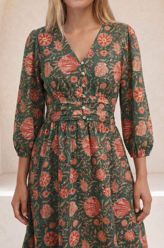 Jyoti Cotton Midi Dress - Khaki/Orange