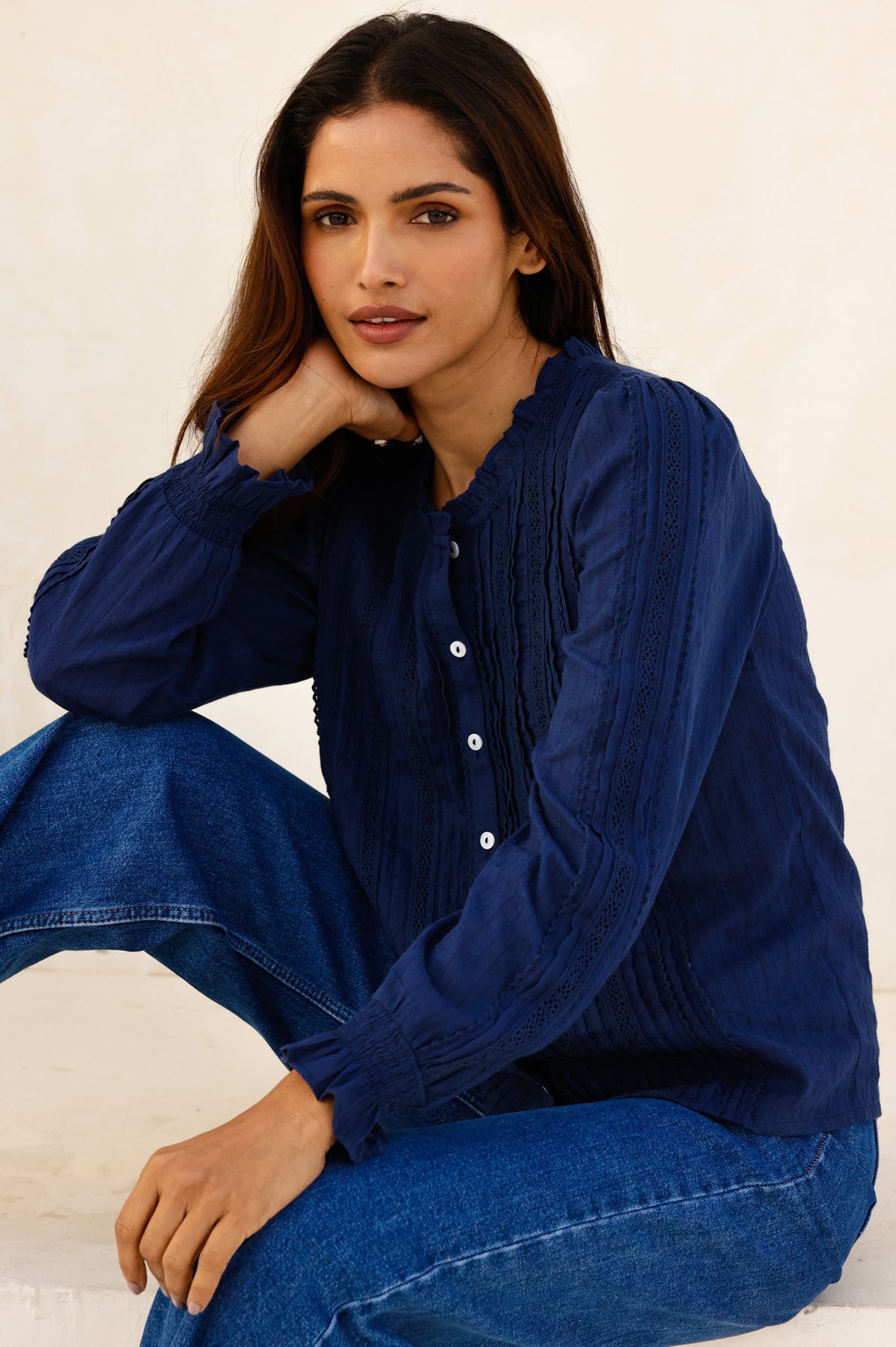 Vienna Long Sleeve Blouse - Lace Detailing - Navy