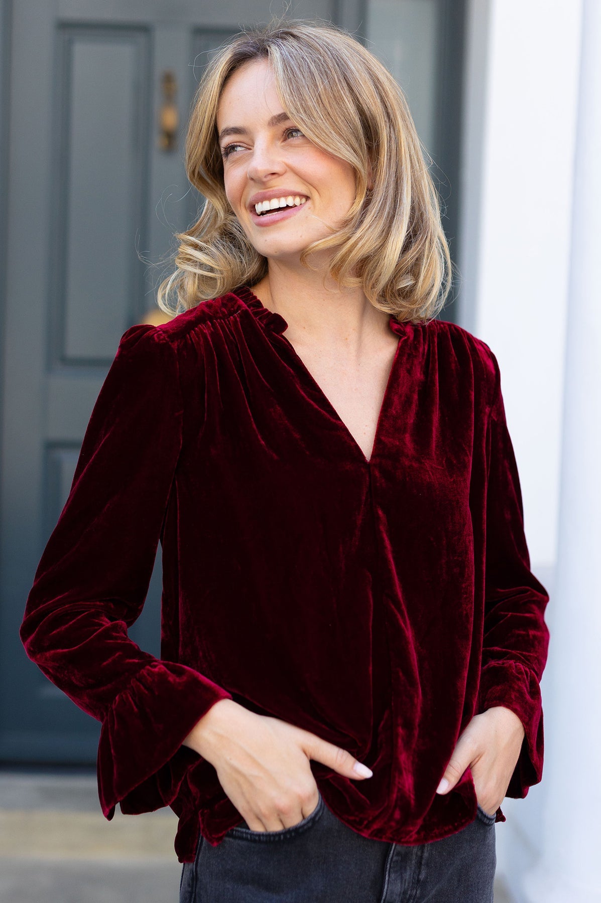 Astrid Velvet V-Neck Top - Wine Red