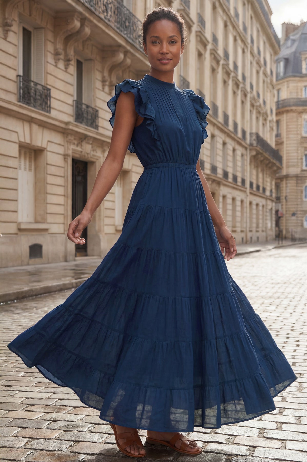Rose Frill Plain Maxi Dress - Navy