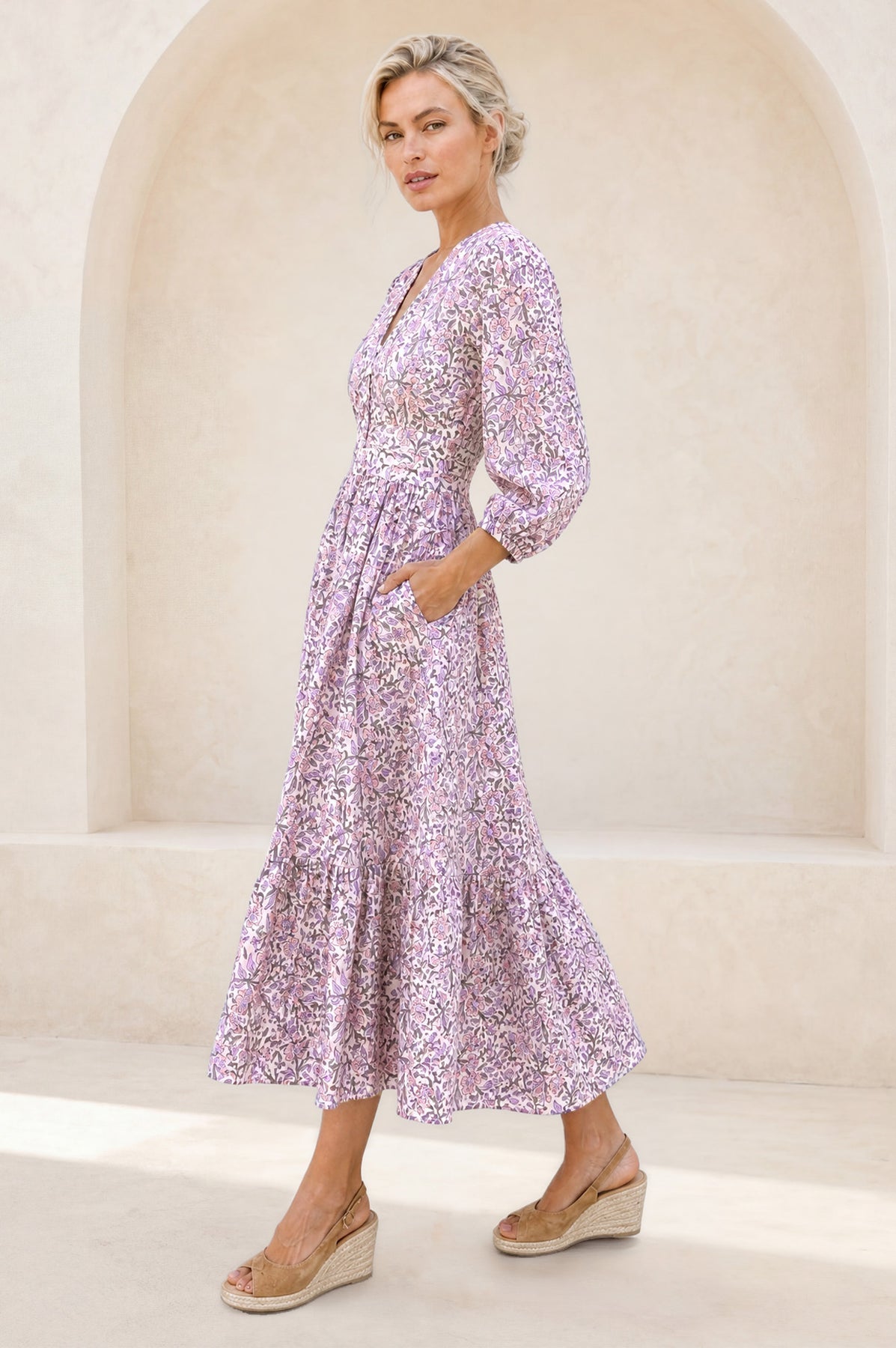 Jyoti Cotton Midi Dress - White/Green/Pink/Sage