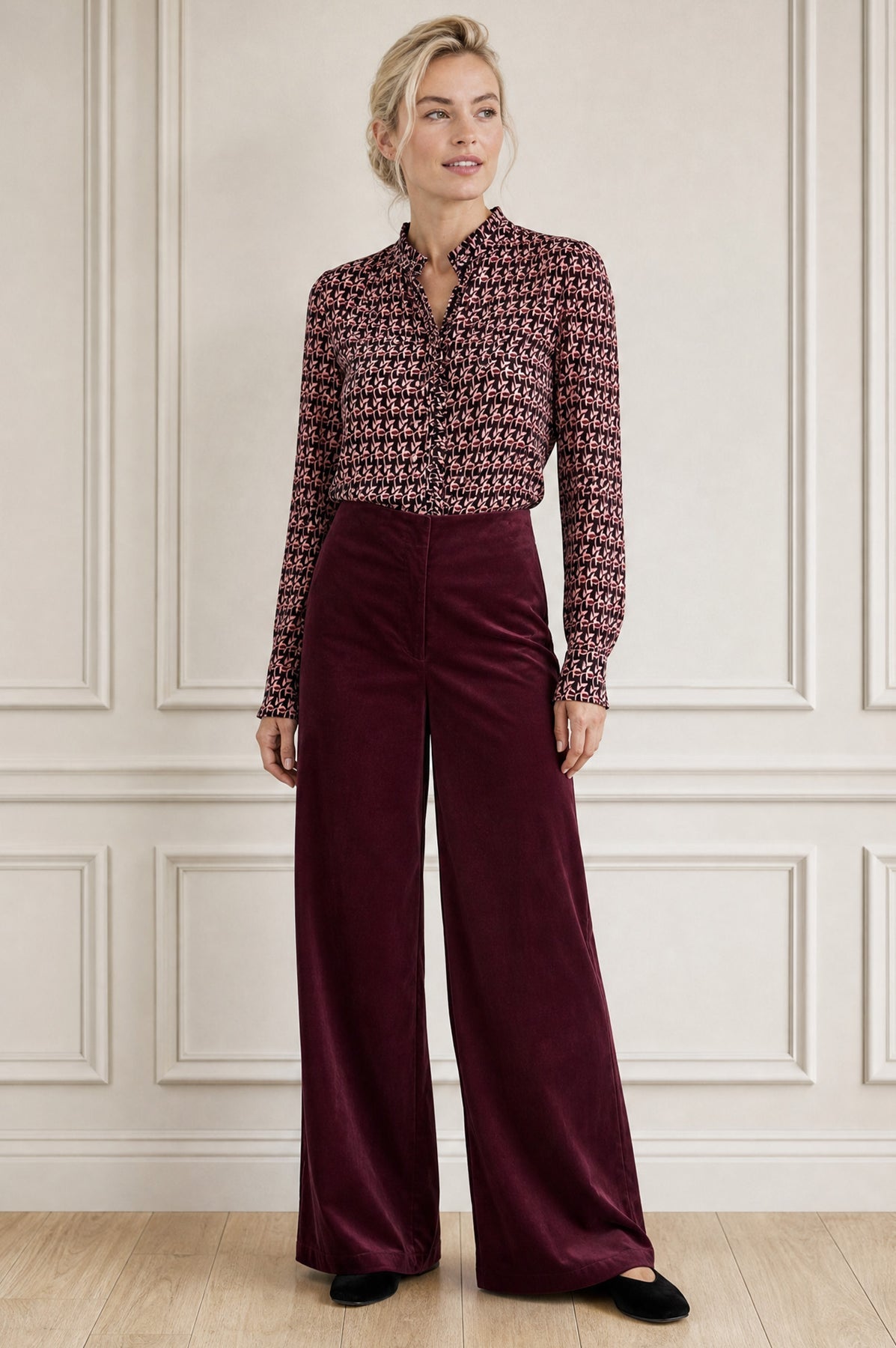 Wide Leg Stretch Velvet Corduroy Trouser - Burgundy