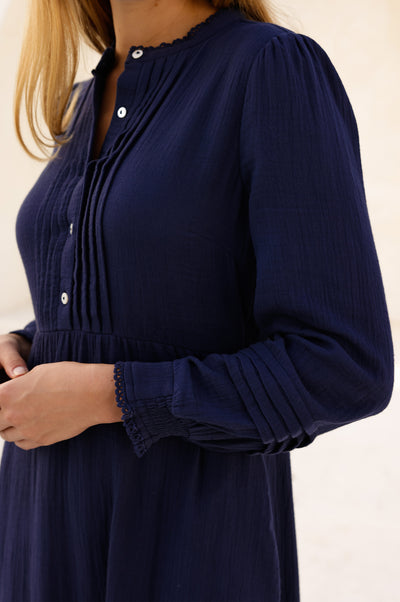 Pin Tuck Organic Cotton Cheesecloth Shirt Dress - Navy