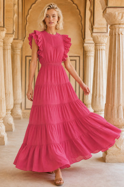 Watermelon pink cotton ruffle sleeve backless maxi dress.