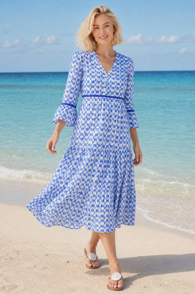 Hayden Organic Cotton Dress - Ikat White/Blue