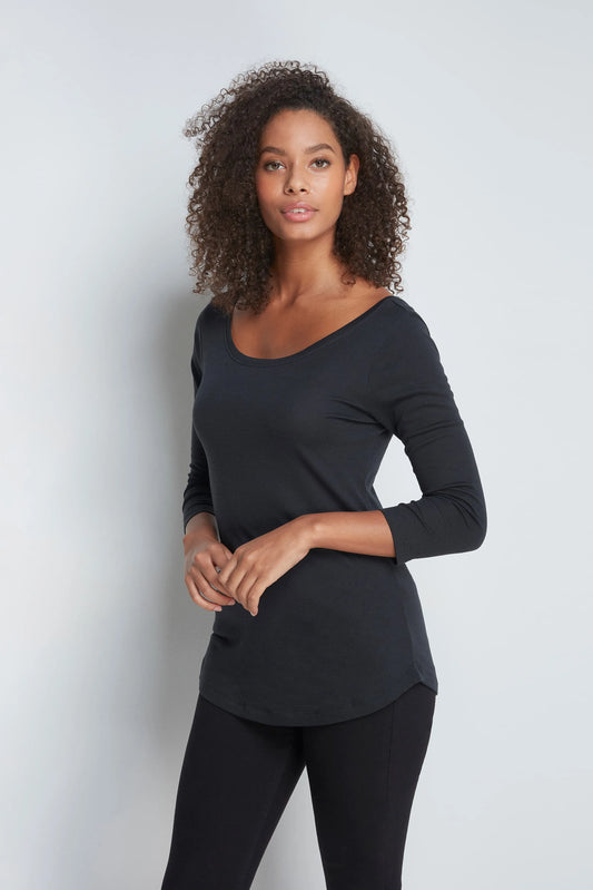 3/4 Sleeve Boat Neck Cotton Modal Blend T-Shirt Black