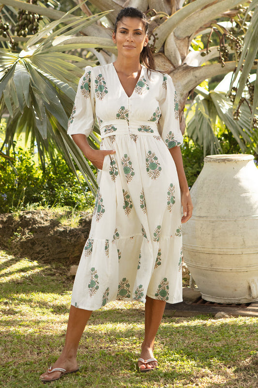 White organic cotton midi dress with puff sleeves and teal floral pattern.