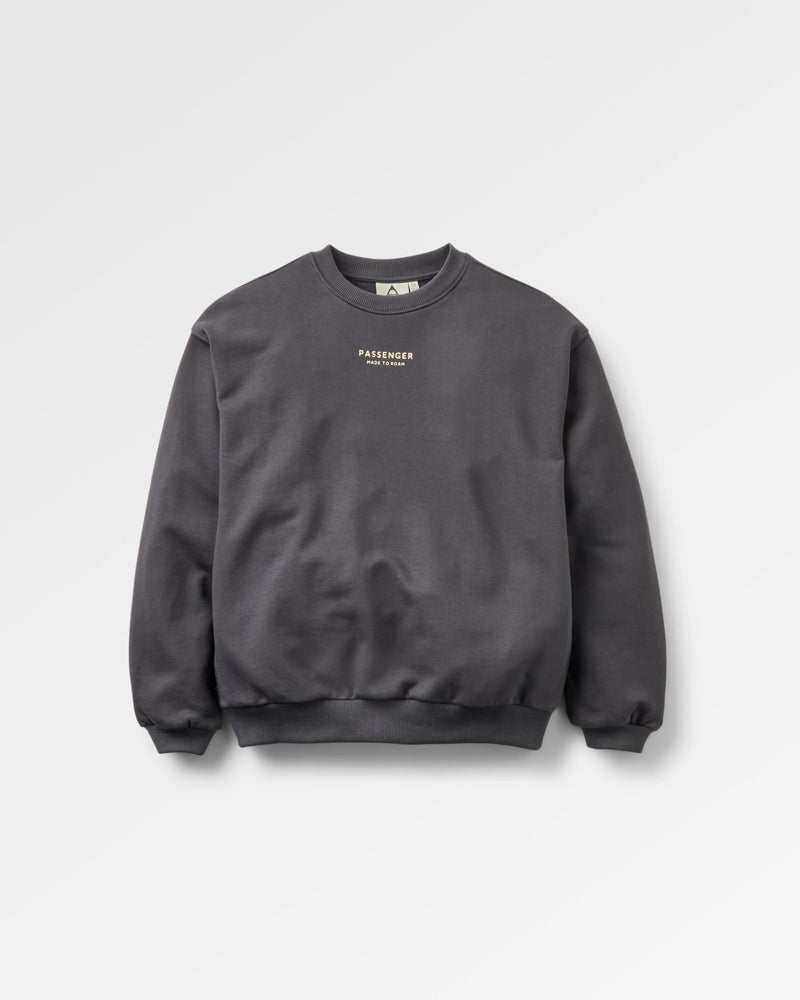 A dark gray crewneck sweatshirt with a small gold 'PASSENGER' logo printed on the chest, displayed flat against a light gray background.