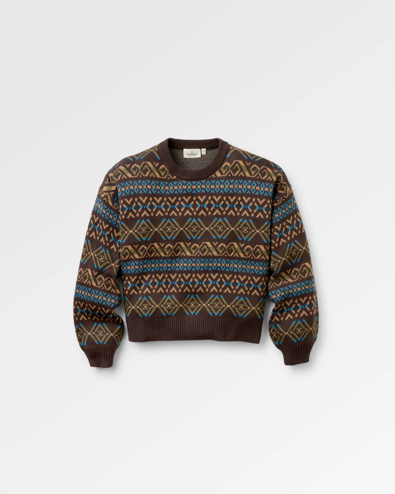 A brown knit crewneck jumper with a colourful geometric Fair Isle pattern in blue, beige, and white, displayed on a light grey background.