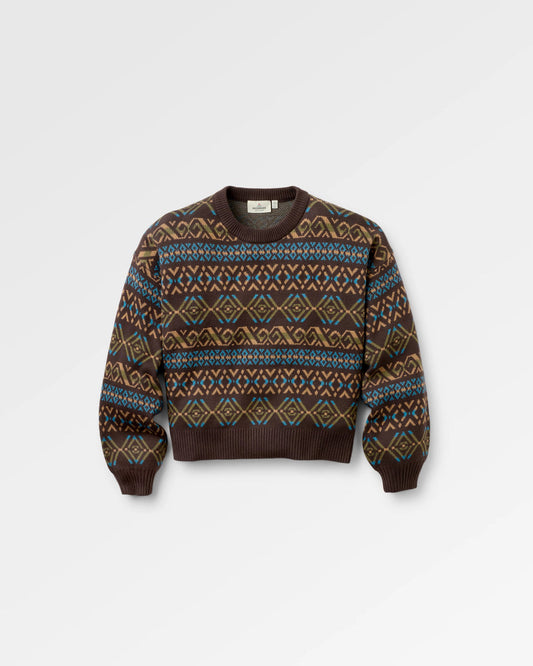 A brown knit crewneck jumper with a colourful geometric Fair Isle pattern in blue, beige, and white, displayed on a light grey background.
