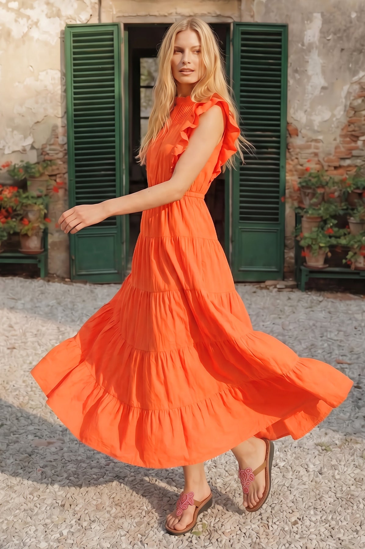 Rose Frill Plain Maxi Dress - Orange