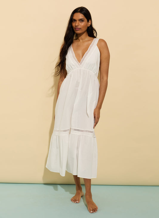 Brittany Organic Cotton Broderie Detail Nightgown / Soft White