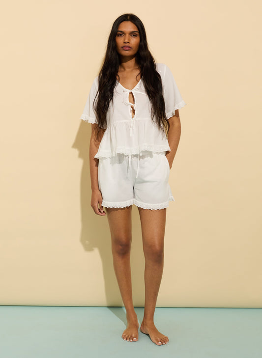 Emma Organic Cotton Broderie Detail Pyjama Top / Soft White